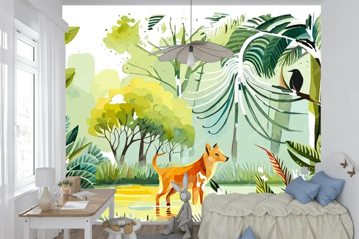 Ormanda Bir Köpek Ve Bir Kuşun Suluboya Resim Çocuk Odası Duvar Kağıdı