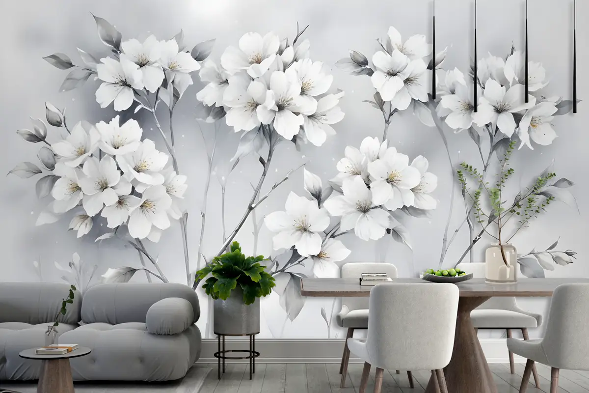 Suluboya Resim Beyaz Çiçekler Duvar Kağıdı 