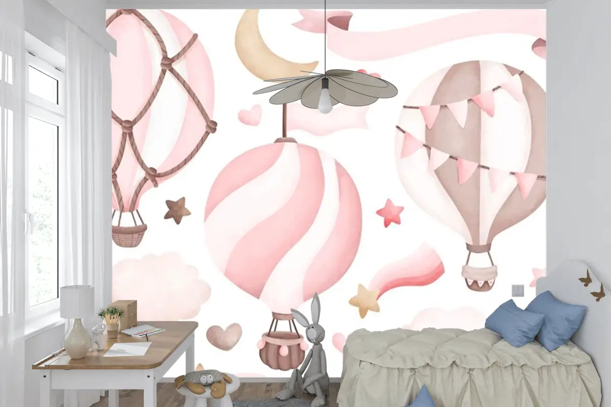 Suluboya Pembe Sıcak Hava Balonu Çocuk Odası Duvar Kağıdı 