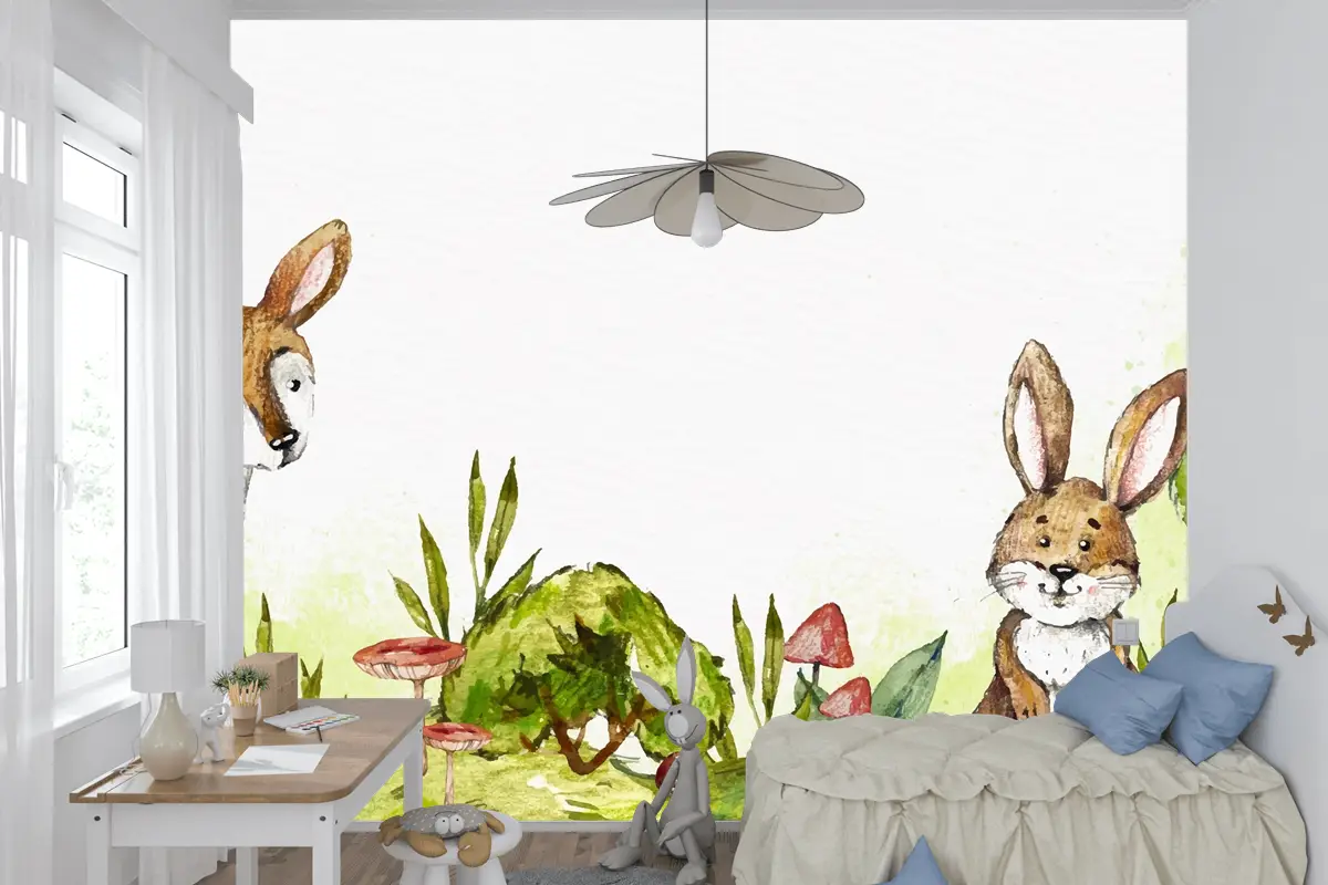 Suluboya Tavşan Ve Ormanda Geyik Çocuk Odası Duvar Kağıdı