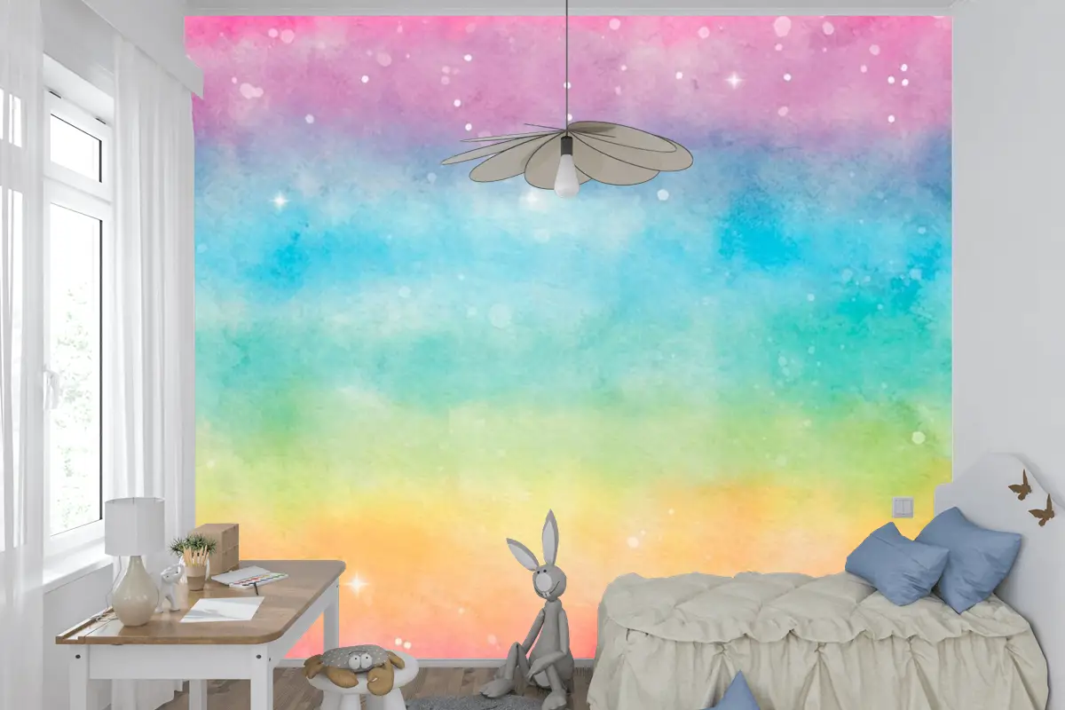 Suluboya Gökkuşağı Arka Plan  Çocuk Odası Duvar Kağıdı