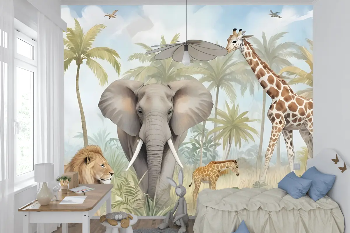 Ormandaki Suluboya Safari Hayvanları Çocuk Odası Duvar Kağıdı 