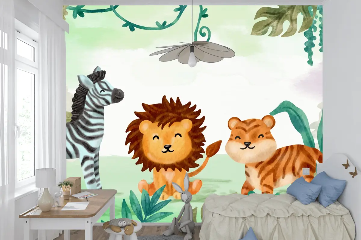 Suluboya Safari Arka Plan Boys Çocuk Odası Duvar Kağıdı 
