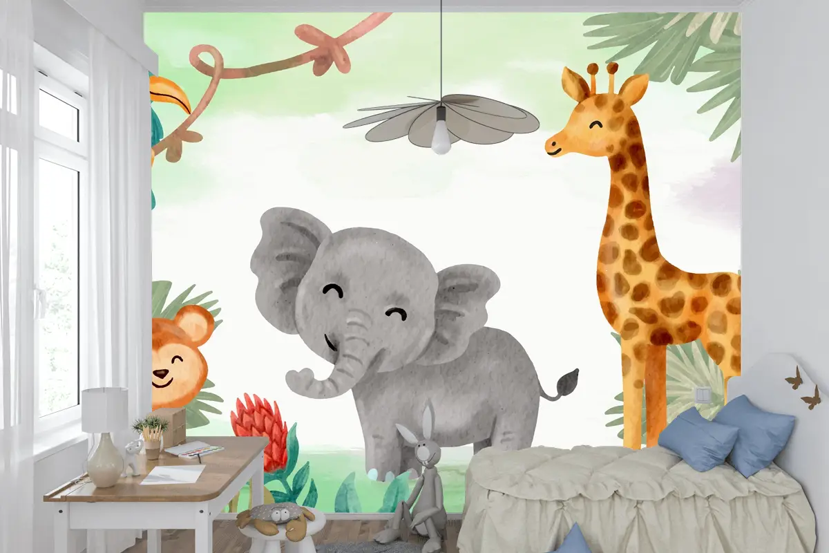 Suluboya Safari Arka Plan Çocuk Odası Duvar Kağıdı 