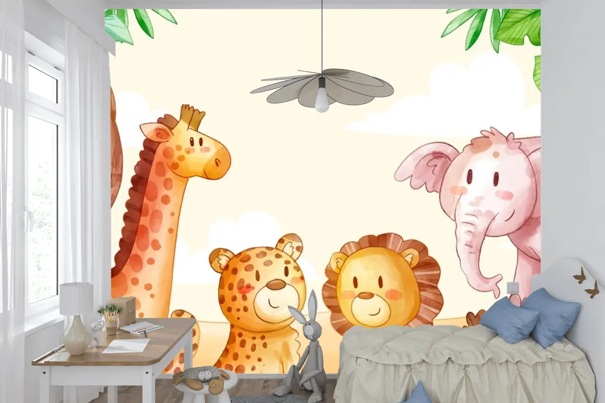 Suluboya Safari Arka Plan Çocuk Odası Duvar Kağıdı 