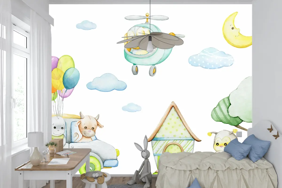 Karikatür Tarzı Tropikal Hayvanlar Araba Helikopter Ay Çocuk Odası Duvar Kağıdı Nde Suluboya Dikişsiz Desen
