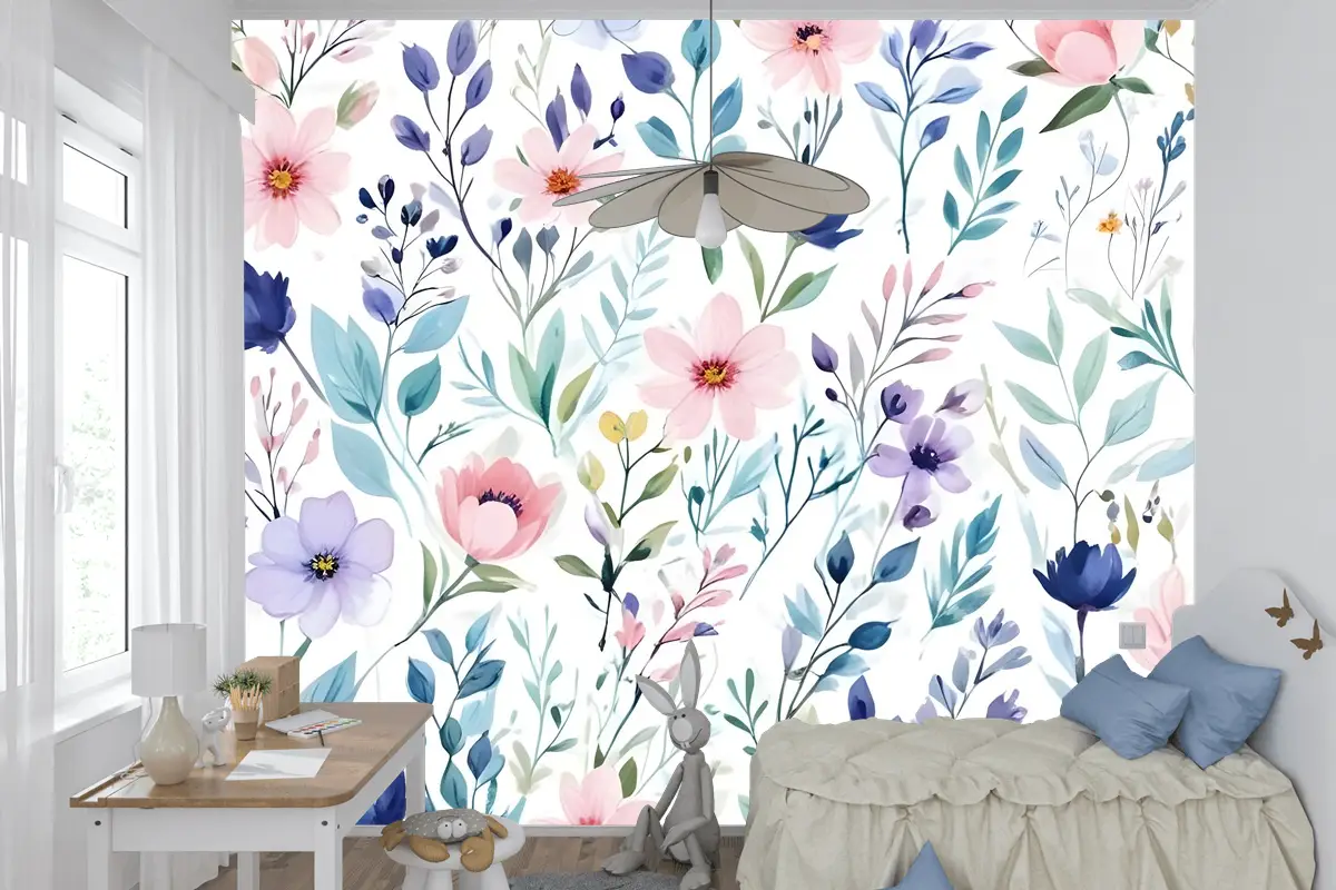 Suluboya Bahar Çiçek Çocuk Odası Duvar Kağıdı 