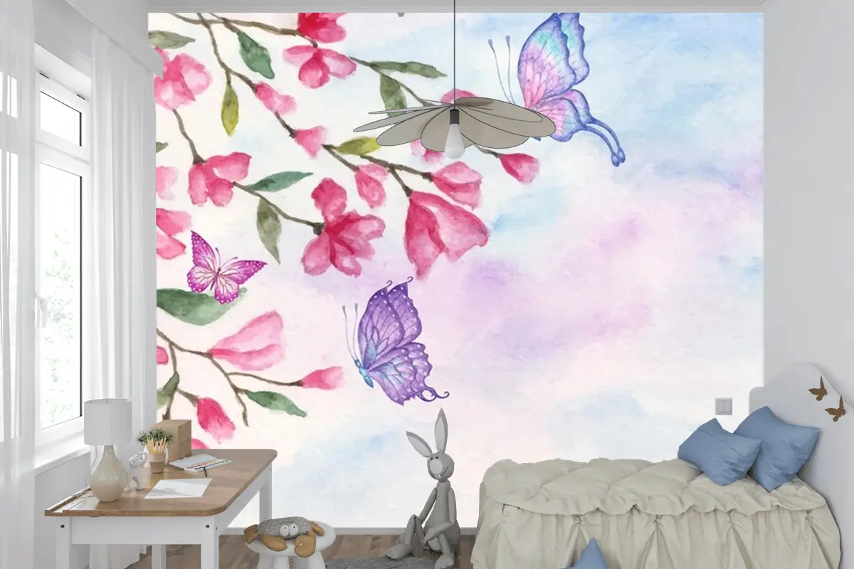Güzel Kelebekler Çocuk Odası Duvar Kağıdı Ile Suluboya Bahar Manzara Arka Plan