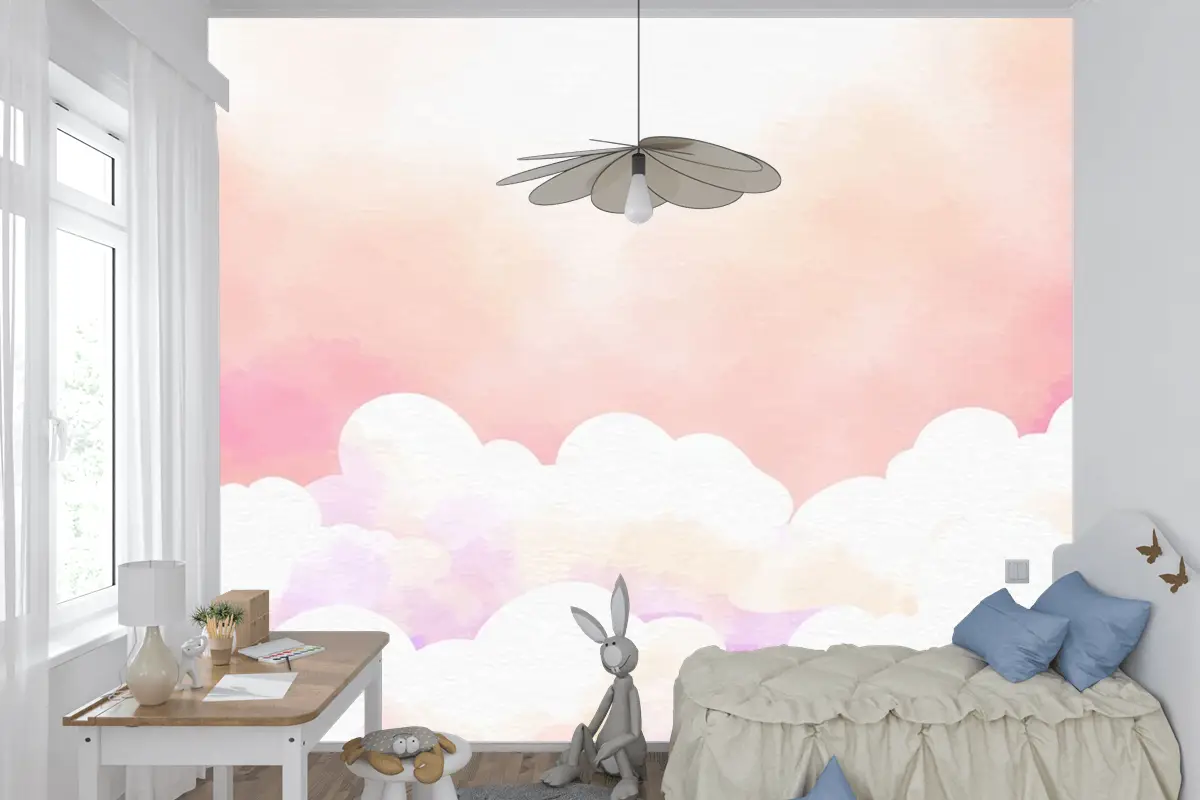 Suluboya Şeker Pamuk Bulutlar Arka Plan Çocuk Odası Duvar Kağıdı