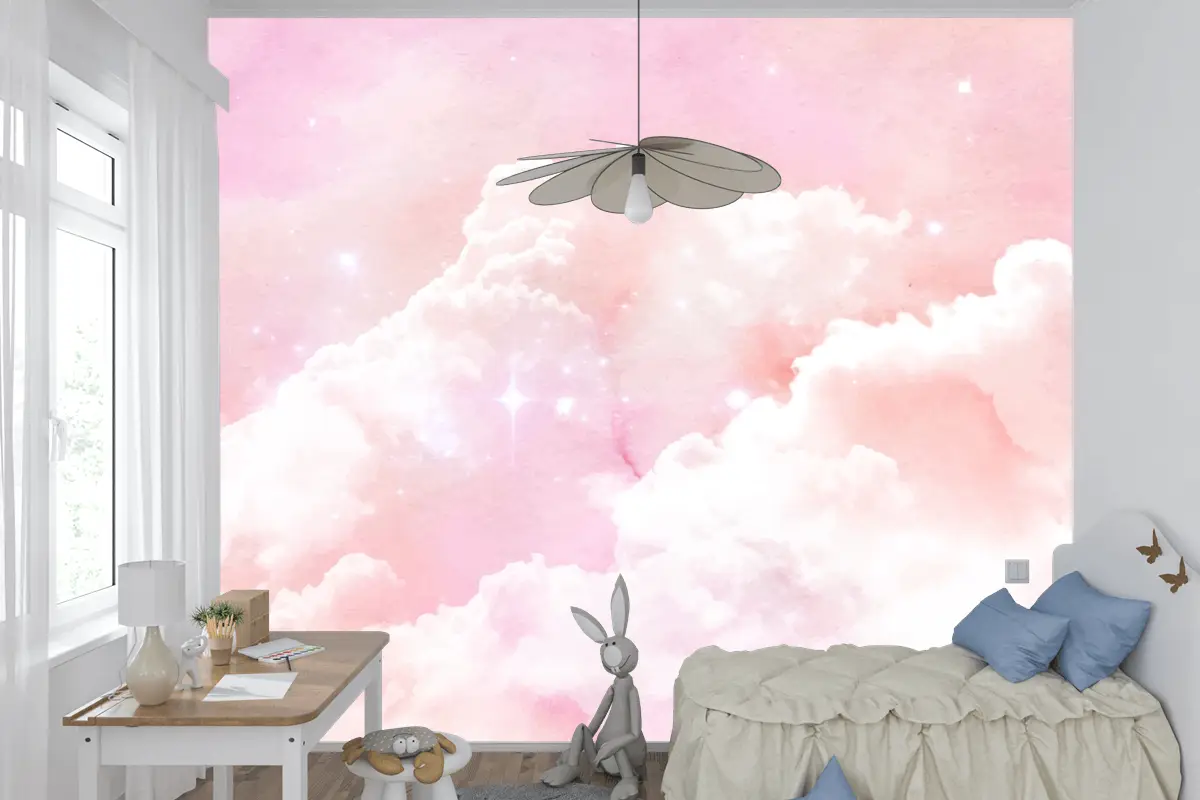 Suluboya Şeker Pamuk Bulutlar Arka Plan Çocuk Odası Duvar Kağıdı 