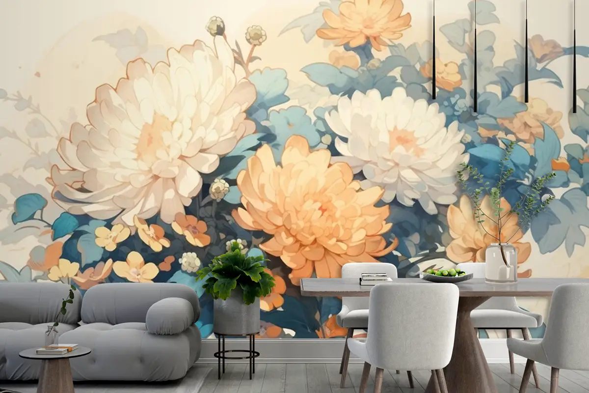 Tamamlayıcı Renklerle Suluboya Vintage Krizantem Teması Duvar Kağıdı