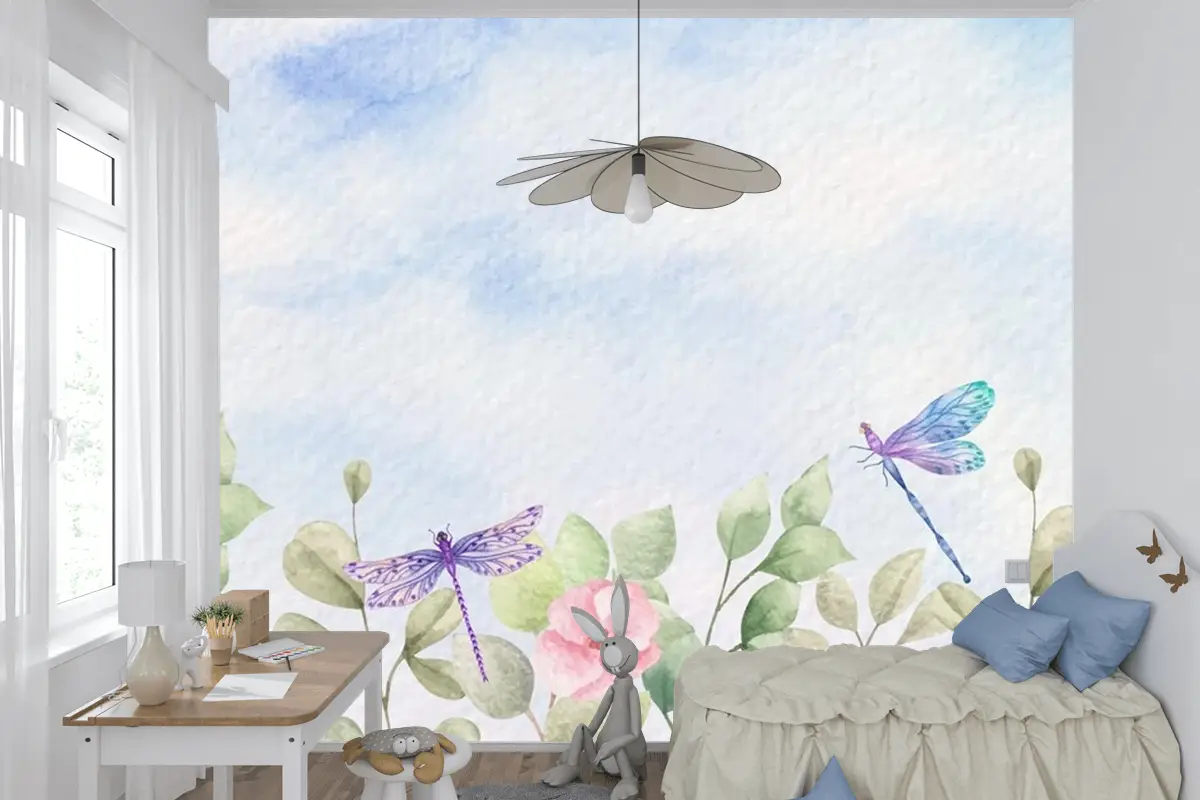 Suluboya Yabani Yapraklar Yusufçuk Çocuk Odası Duvar Kağıdı Ile Manzara Arka Plan