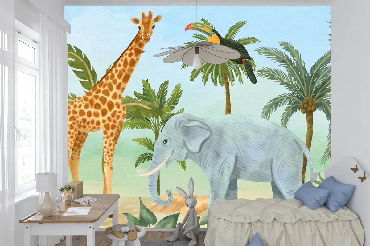 Suluboya Yaban Hayatı Arka Plan Çocuk Boys Çocuk Odası Duvar Kağıdı