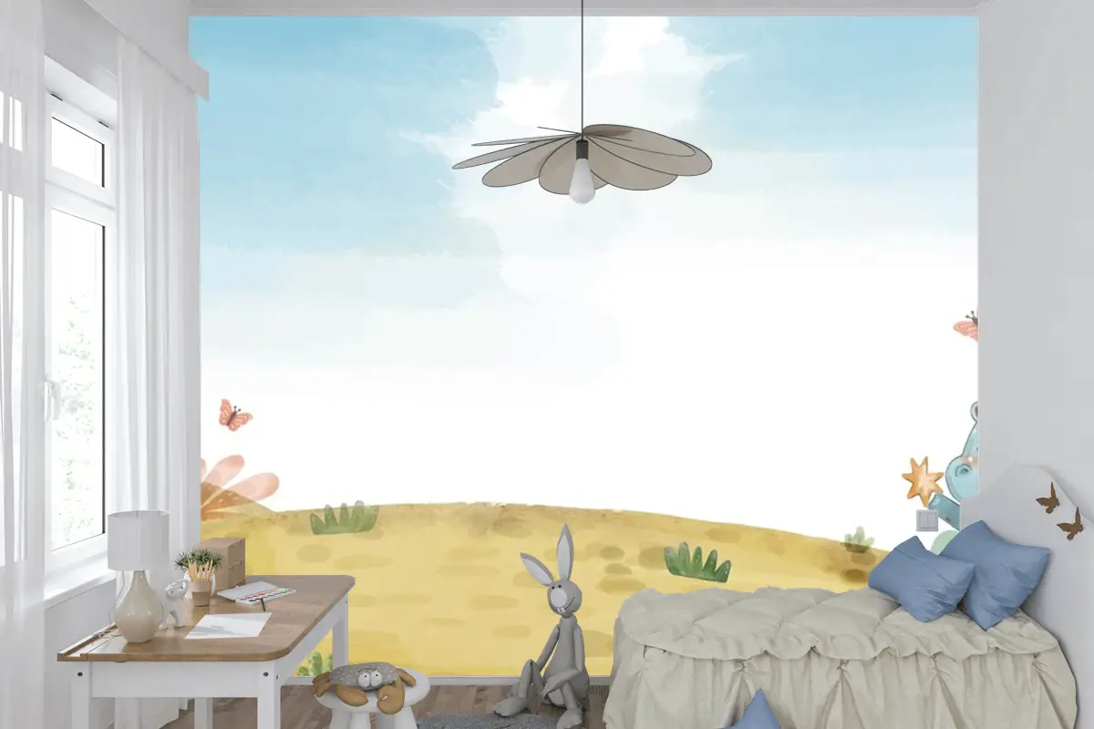 Suluboya Yaban Hayatı Arka Plan Çocuk Odası Duvar Kağıdı 