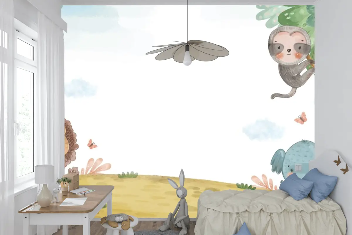 Suluboya Yaban Hayatı Arka Plan Çocuk Odası Duvar Kağıdı 