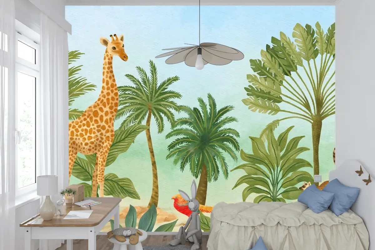 Suluboya Yaban Hayatı Arka Plan Çocuk Odası Duvar Kağıdı 