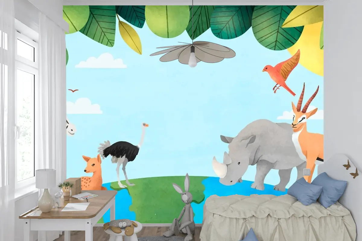 Suluboya Dünya Hayvan Günü Arka Plan Çocuk Odası Duvar Kağıdı 
