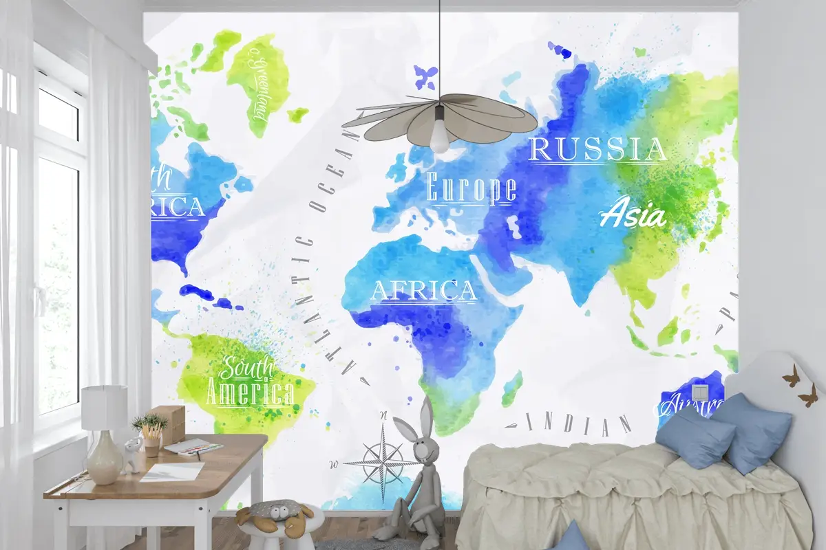 Suluboya Dünya Haritası Çocuk Odası Duvar Kağıdı 