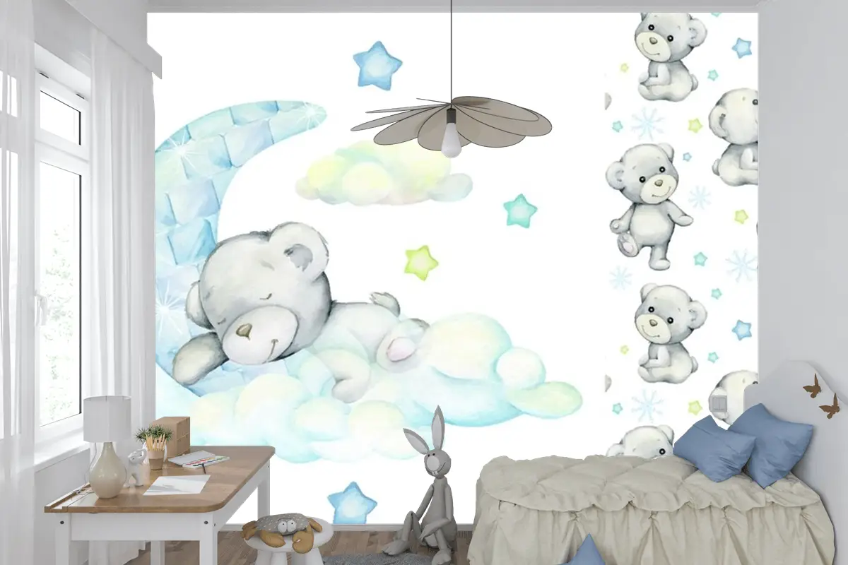 Beyaz Ayı Ay'da ve Bulutlarda Uyur Çocuk Odası Duvar Kağıdı