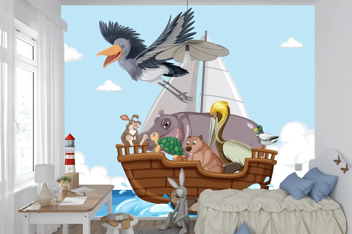 Bir Teknede Vahşi Hayvanlar Çocuk Odası Duvar Kağıdı