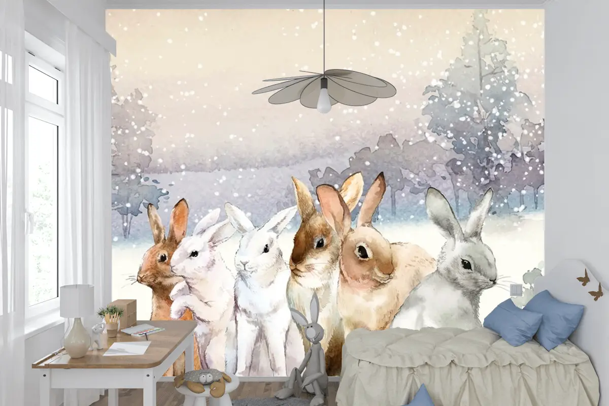 Kışın Karda Vahşi Tavşanlar Suluboya Çocuk Odası Duvar Kağıdı  Ile Boyanmış