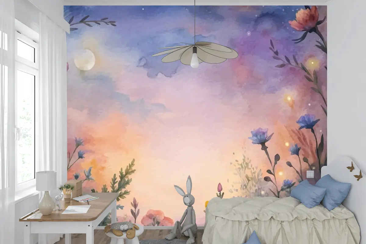 Gün Batımında Kır Çiçeği Suluboya Arka Plan Çocuk Odası Duvar Kağıdı
