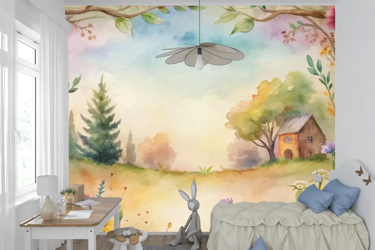 Kırsal Çocuk Odası Duvar Kağıdı Duvarında Kır Çiçeği Suluboya Arkaplan