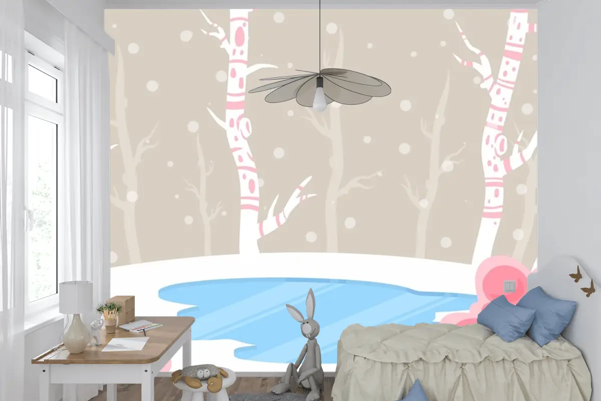 El Çizimi Çocuk Odası Duvar Kağıdı Duvarında Kış Konsepti