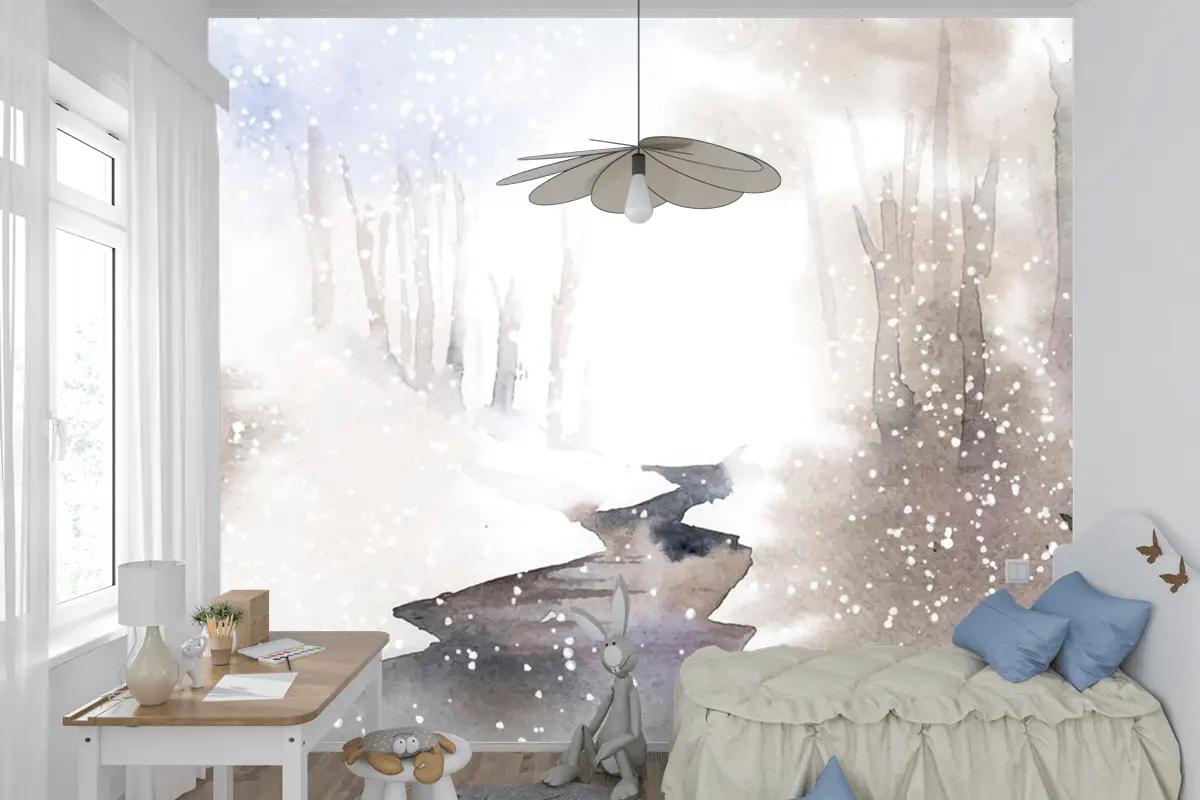 Kış Harikalar Diyarı Manzarası Suluboya Çocuk Odası Duvar Kağıdı  Ile Boyalı