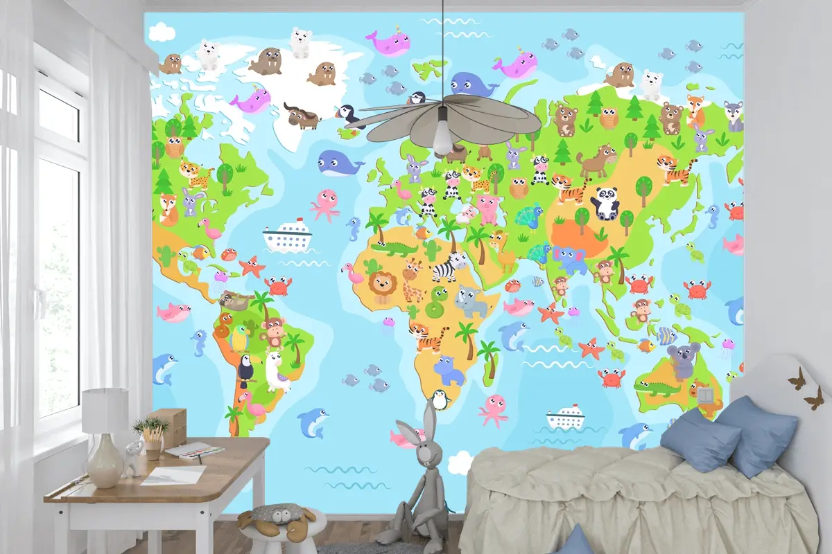 Çocuklar Için Hayvanlarla Dünya Haritası Çocuk Odası Duvar Kağıdı
