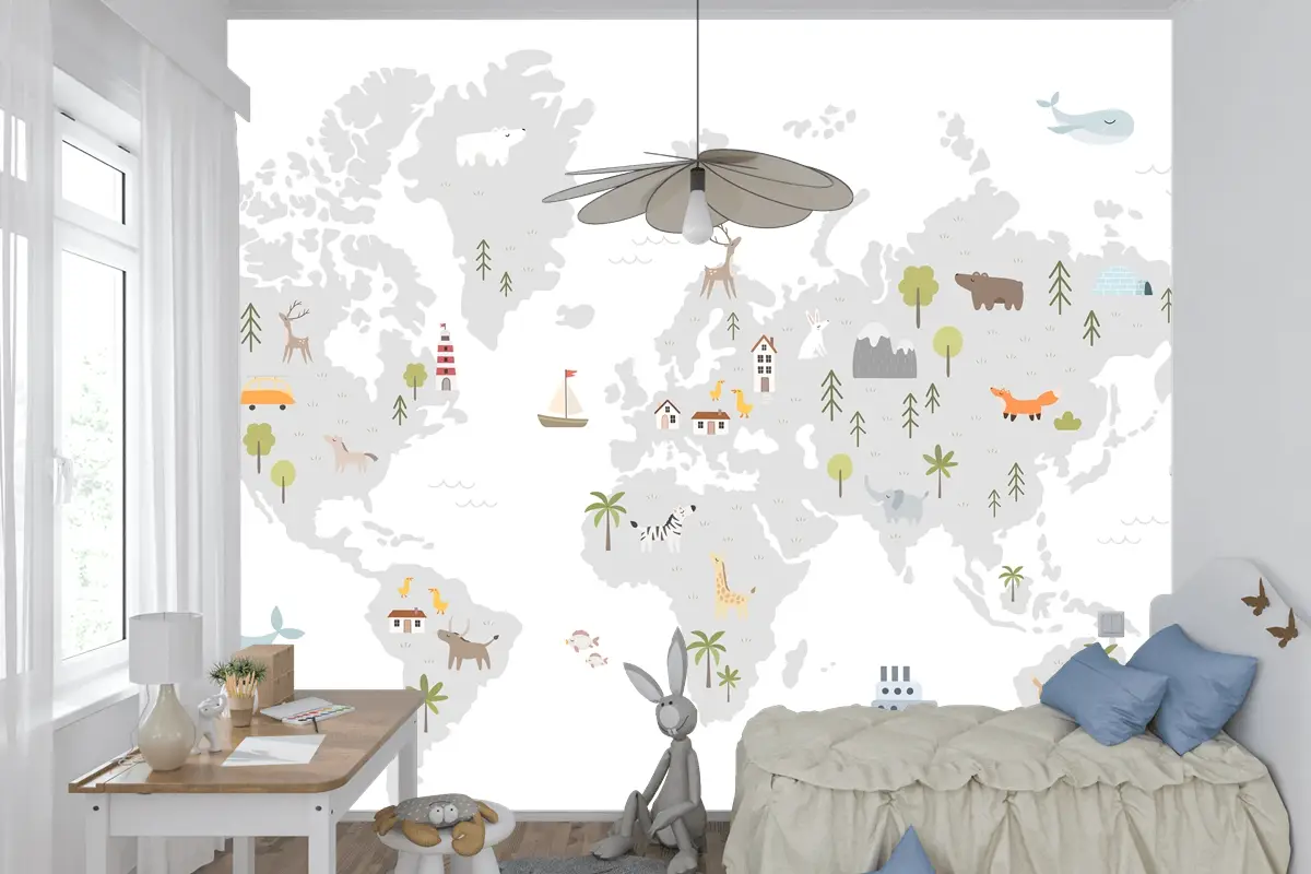 Hayvan Evleri Doğa Elemanları Çocuk Odası Duvar Kağıdı Ile Dünya Haritası