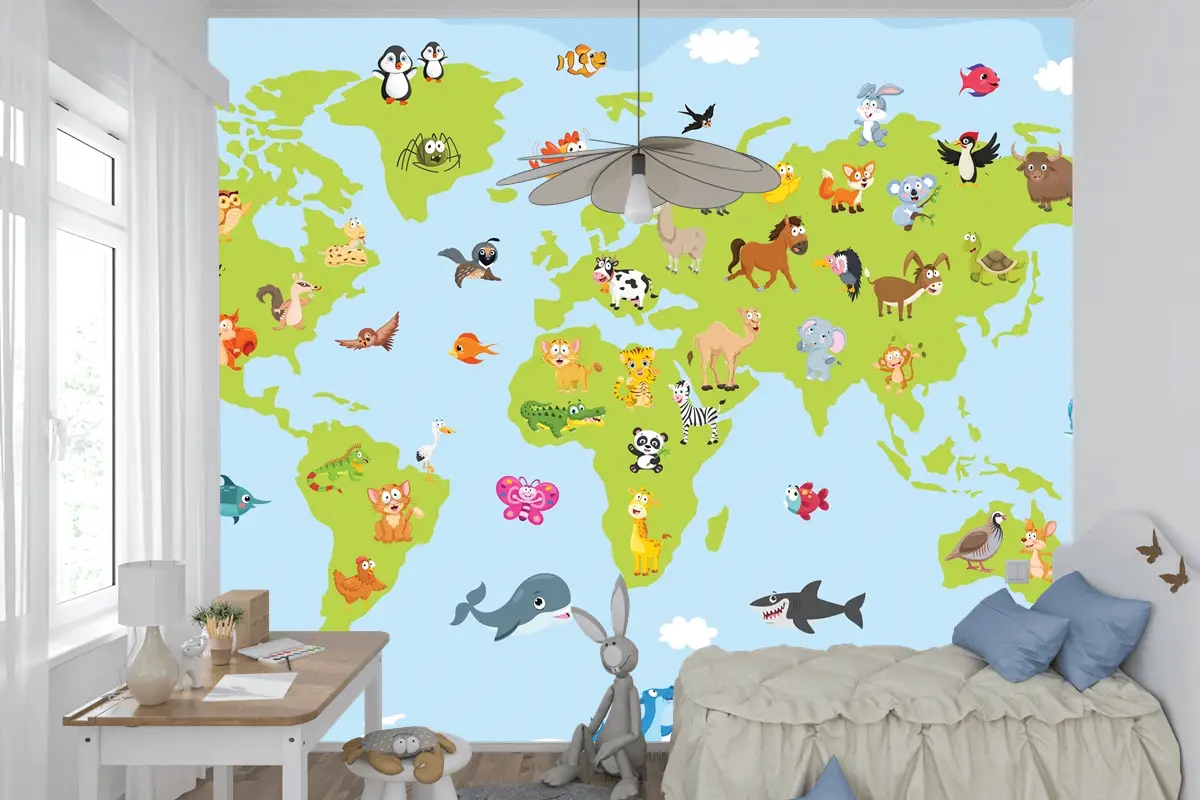 Karikatür Hayvanlı Dünya Haritası Çocuk Odası Duvar Kağıdı