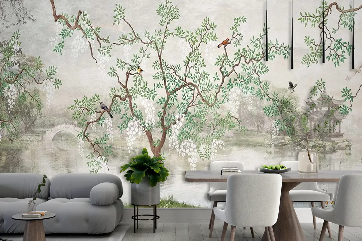 Yağlı Boya Tarz Ağaçlar ve Yapraklar Duvar Kağıdı