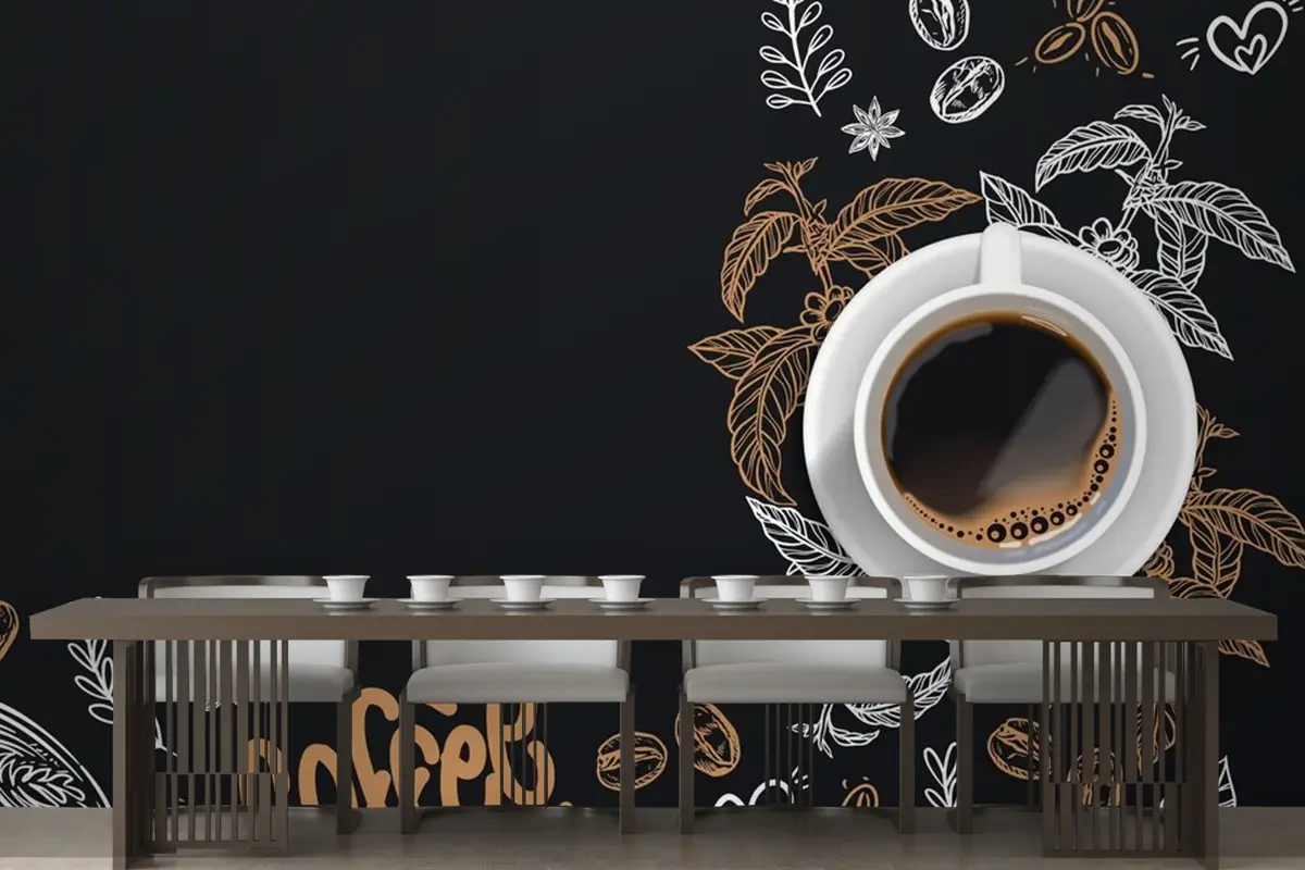 Yaprak Çizimleri Ve Gerçekçi Kahve Cafe Duvar Kağıdı