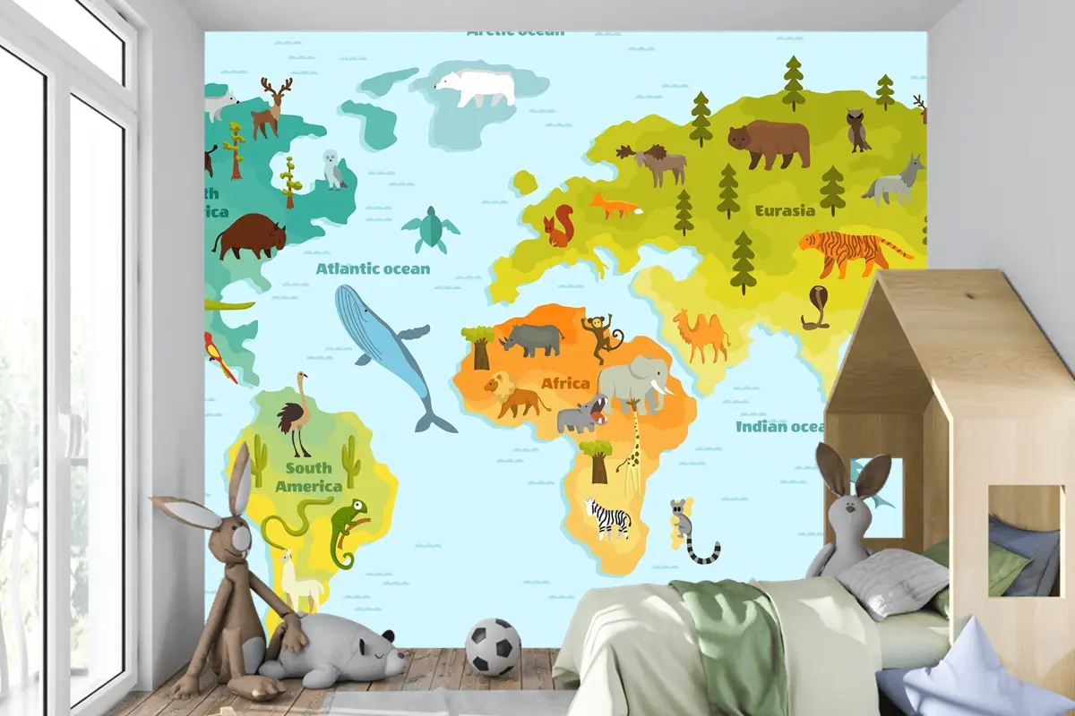 Kıtalar Çocuk Odası Duvar Kağıdı  Olan Çocuklar İçin Komik Karikatür Hayvan Dünya Haritası