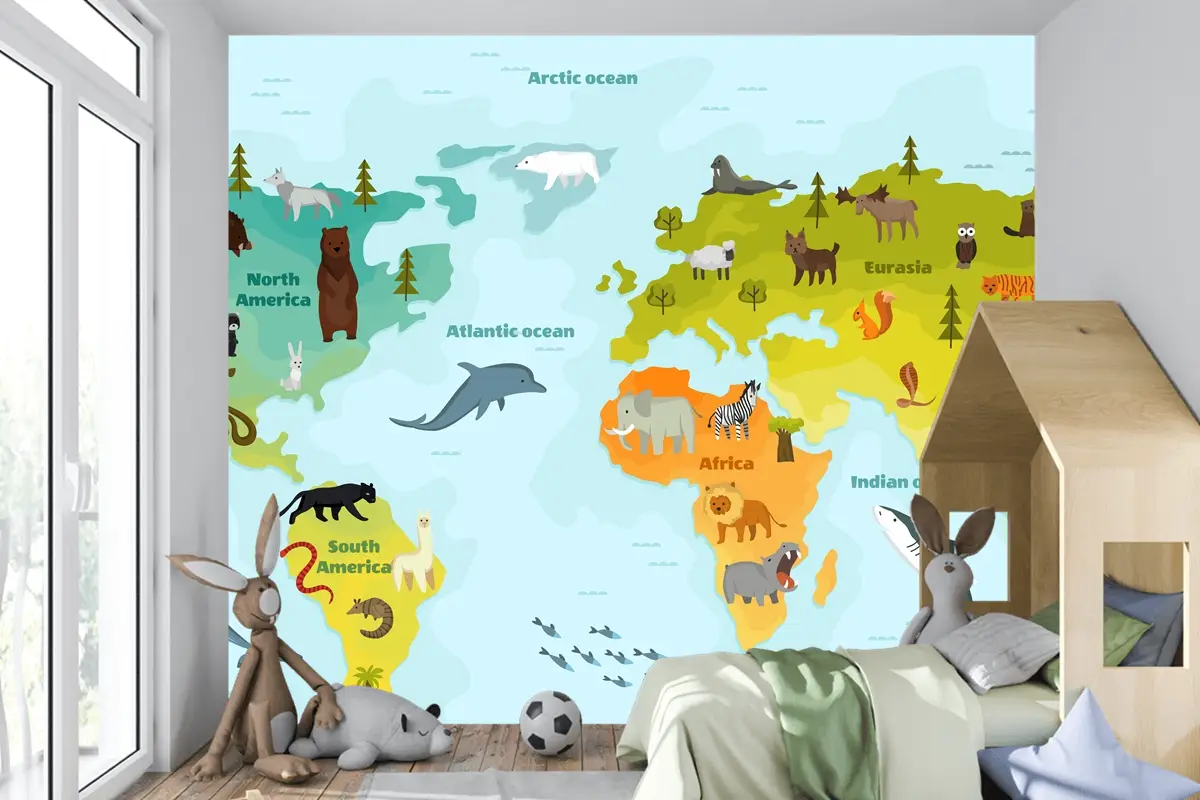 Farklı Hayvan Çocuk Odası Duvar Kağıdı  Ile Dünya Haritası