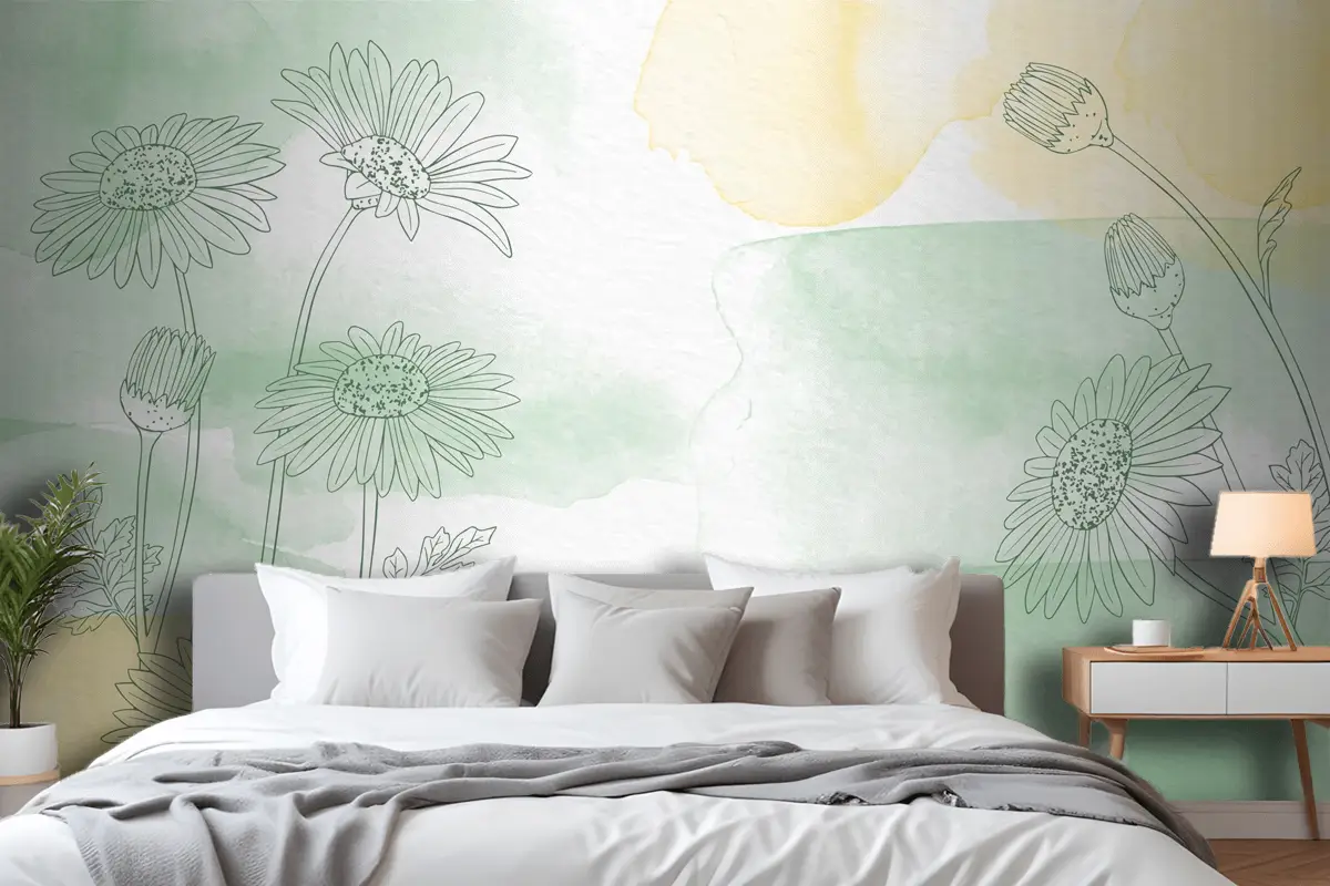 Elle Çizilmiş Çiçeklerle Boyalı Arka Plan Yatak Odası Duvar Kağıdı