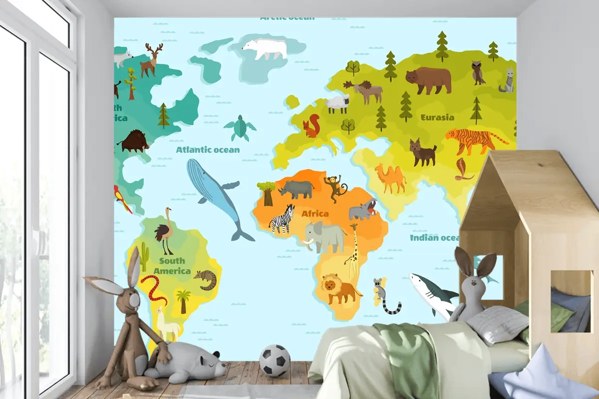 Farklı Hayvan Çocuk Odası Duvar Kağıdı  Ile Dünya Haritası
