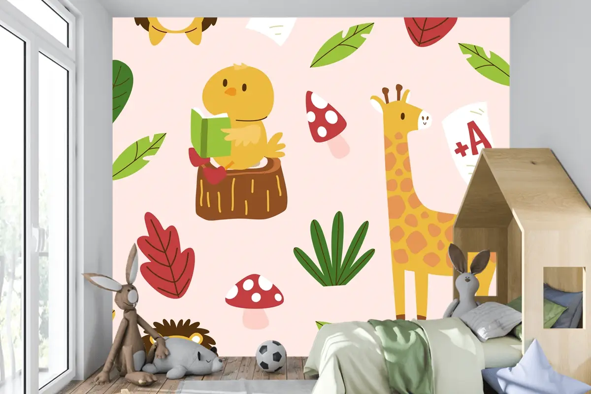 Elle Çizilmiş Çocuksu Hayvanlar Desen Çocuk Odası Duvar Kağıdı 