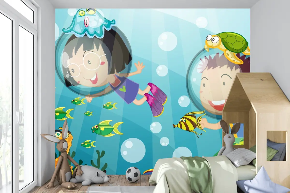 Mutlu Çocuklarla Sualtı Sahnesi Tüplü Dalış Çocuk Odası Duvar Kağıdı