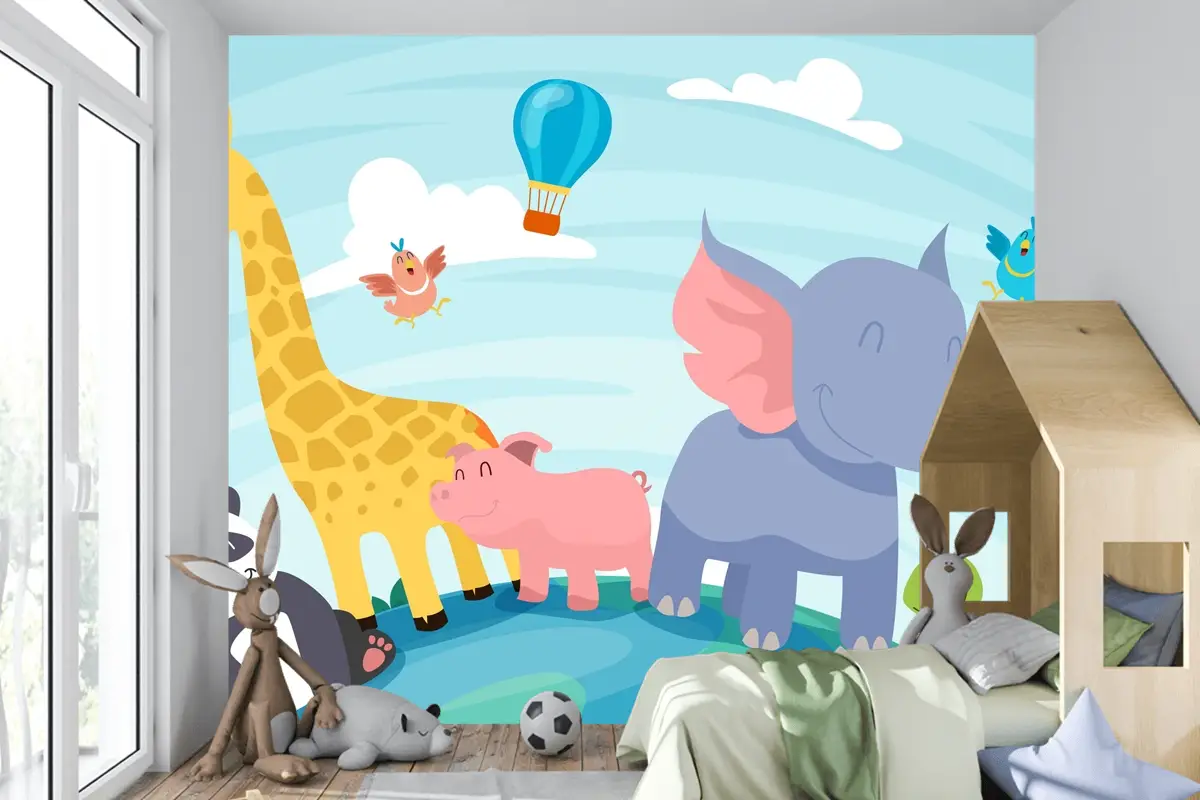 Düz Dünya Hayvan Günü Arka Plan Çocuk Odası Duvar Kağıdı 