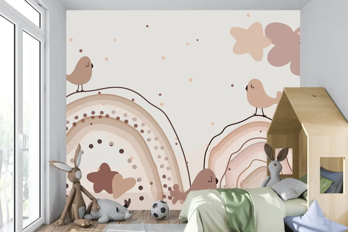 Suluboya Gökkuşağı Mutlu Paskalya Bej Çocuk Odası Duvar Kağıdı