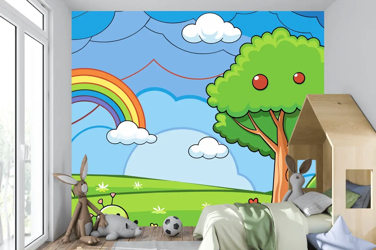 Çocuk Odası Duvar Kağıdı Nde Ağaç Ve Gökkuşağının Bulunduğu Renkli Bir Gökkuşağı Çizimi