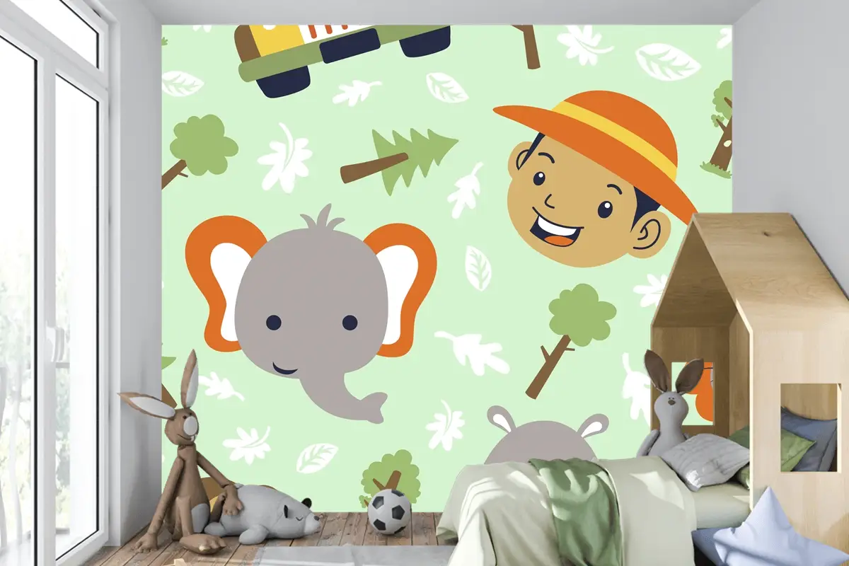 Komik Safari Hayvanları Kafa Karikatürü Ve Kusursuz Desenli Küçük Çocuk Kafası Çocuk Odası Duvar Kağıdı
