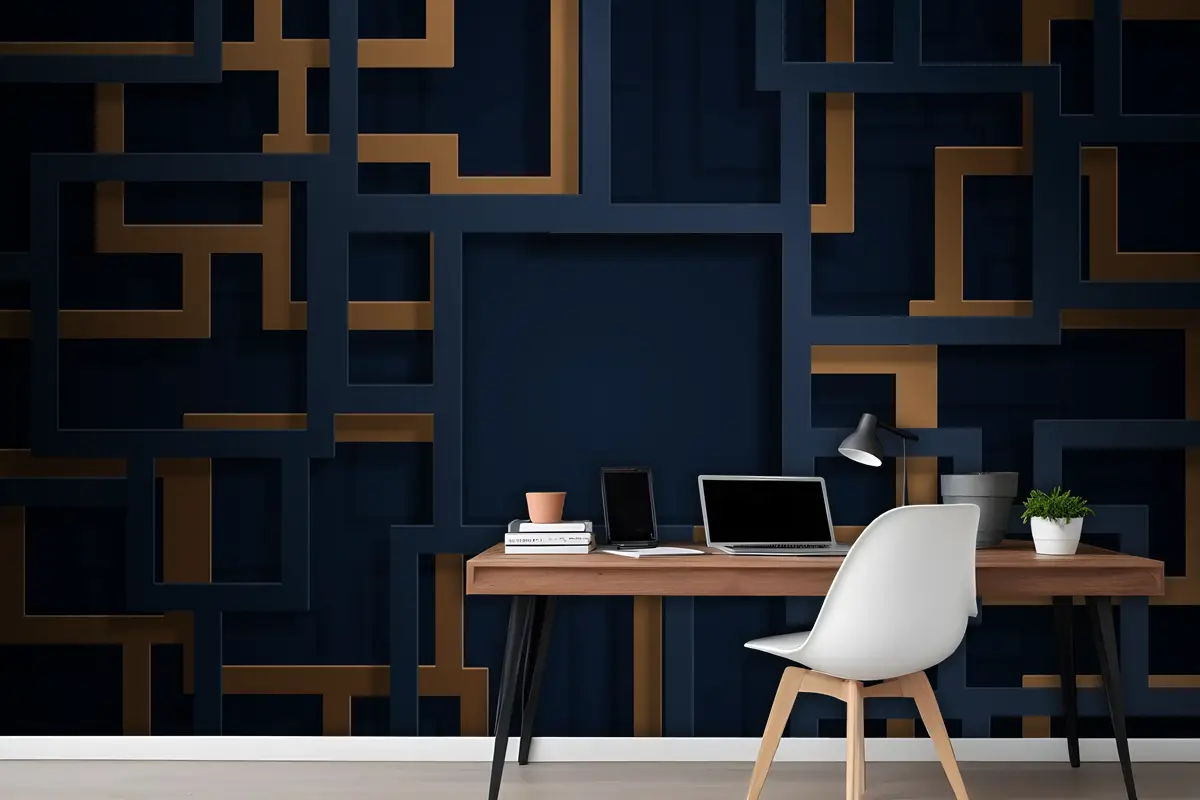 Kağıt Kesim Tarzı Ofis Duvar Kağıdı Duvarında 3D Mavi Ve Altın Çizgiler