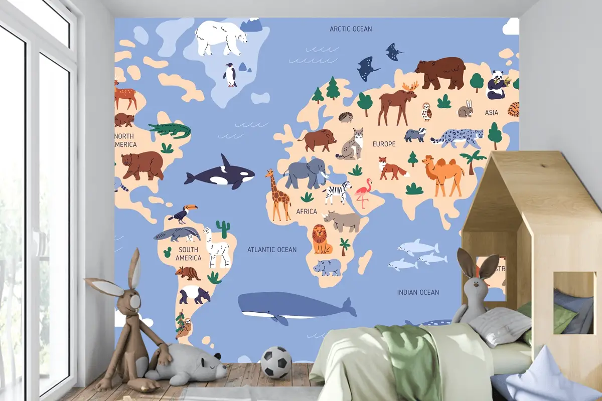Suda Ve Yeryüzünde Hayvanların Bulunduğu Dünya Haritası Coğrafya Çocuk Odası Duvar Kağıdı