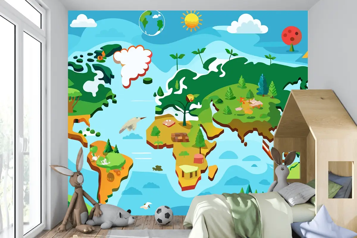Farklı Ağaç Türleriyle Dünya Haritası İnteraktif Dünya Haritası Çocuk Odası Duvar Kağıdı