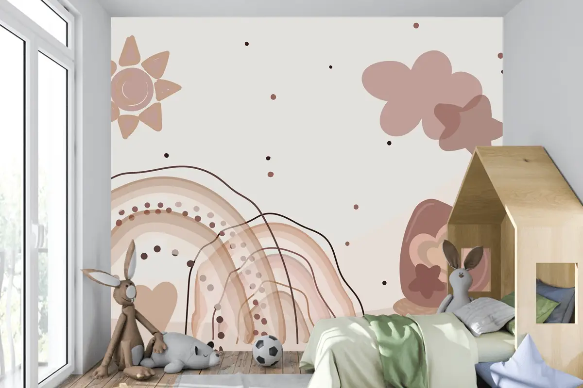 Suluboya Gökkuşağı Ve Salyangoz Bej Çocuk Odası Duvar Kağıdı