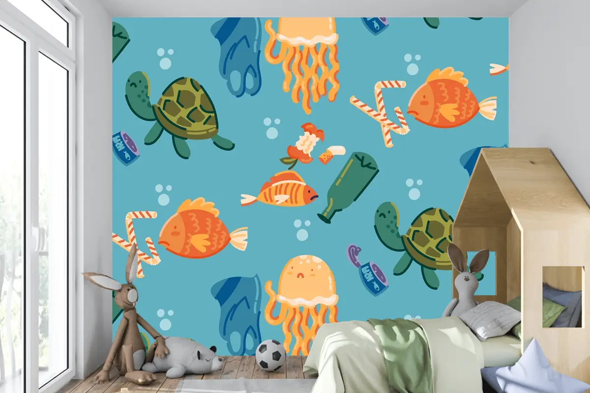 Elle Çizilmiş Okyanusları Kurtar Desen Çocuk Odası Duvar Kağıdı 