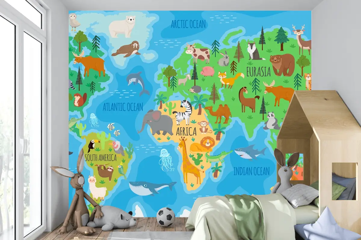 Orman Hayvanları Çocuk Odası Duvar Kağıdı Ile Çocuk Odası İçin Karikatür Dünya Haritası